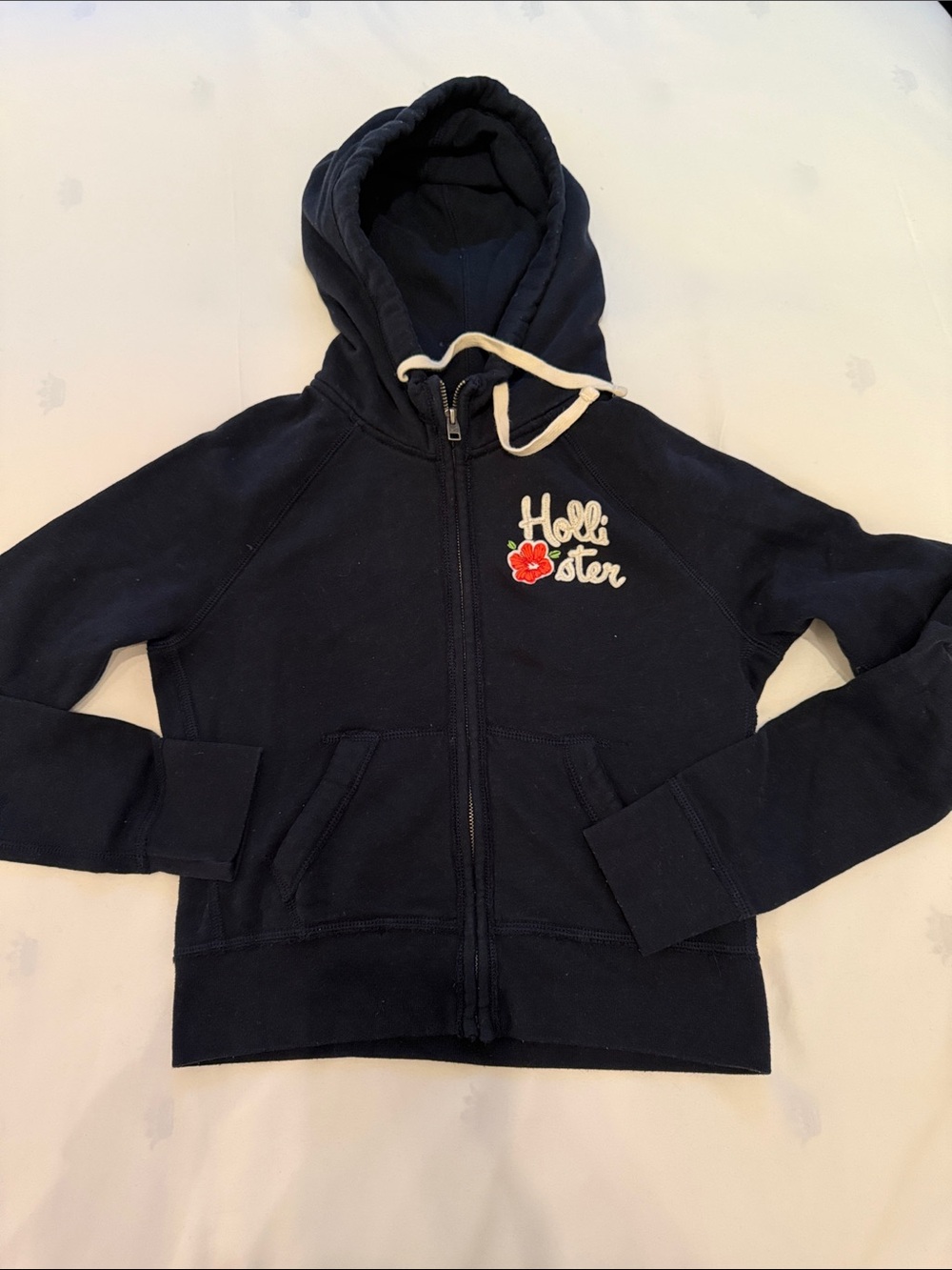 Hollister Navy Zip Hoodie with Red Floral Accent